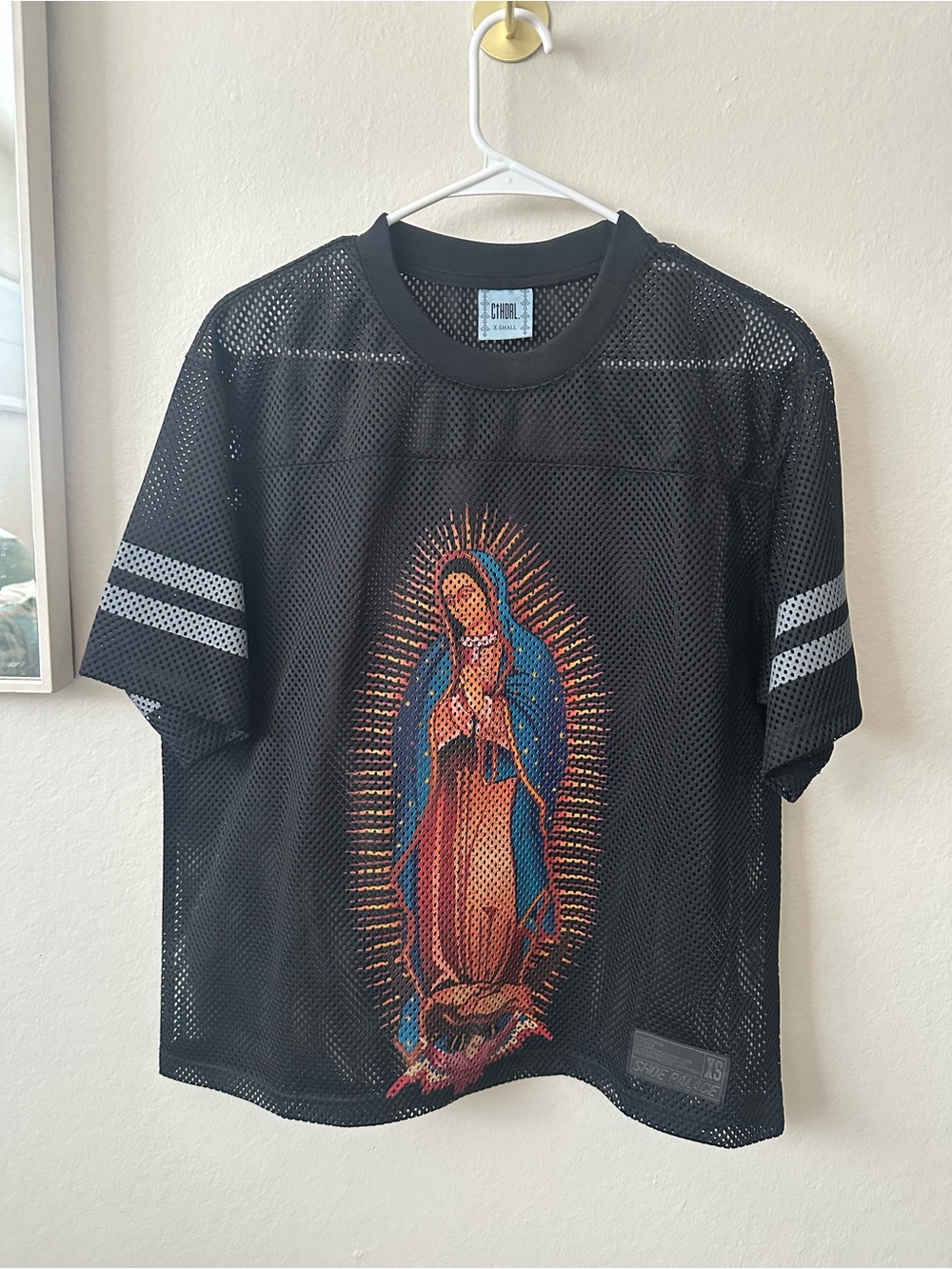 Black Mesh Graphic Tee with Colorful Devotional Print